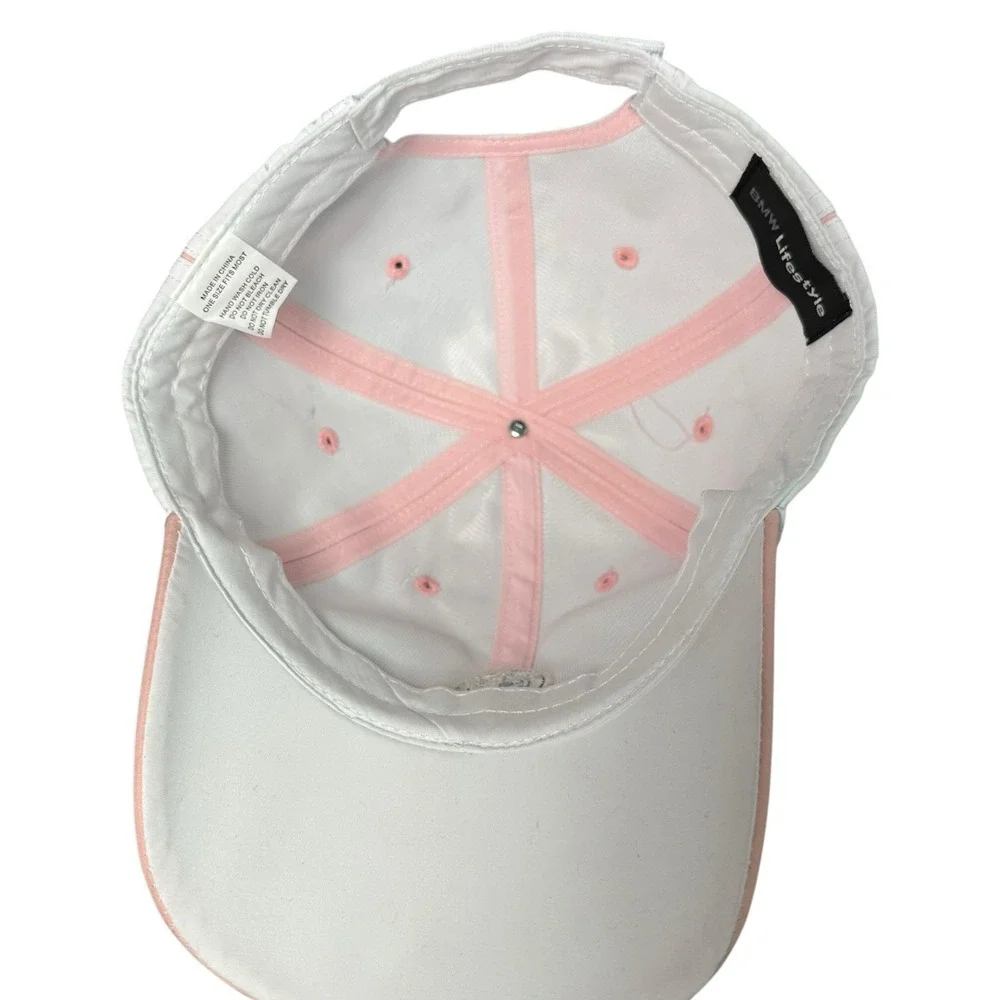BMW Lifestyle White Pink Adjustable Hat Cap Logo Womens w/ Bonus Keychain